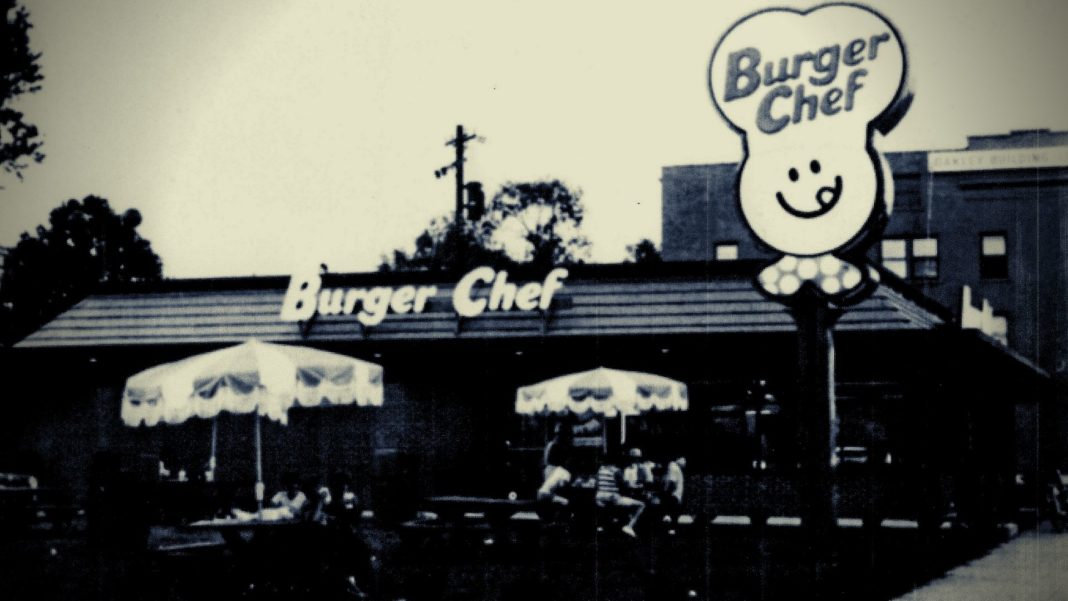 A Burger Chef restaurant building in the same style as the Crawfordsville Road store, including the “Happy Bonnet Face” signage that heralded customers from the road.