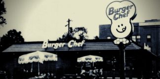 A Burger Chef restaurant building in the same style as the Crawfordsville Road store, including the “Happy Bonnet Face” signage that heralded customers from the road.