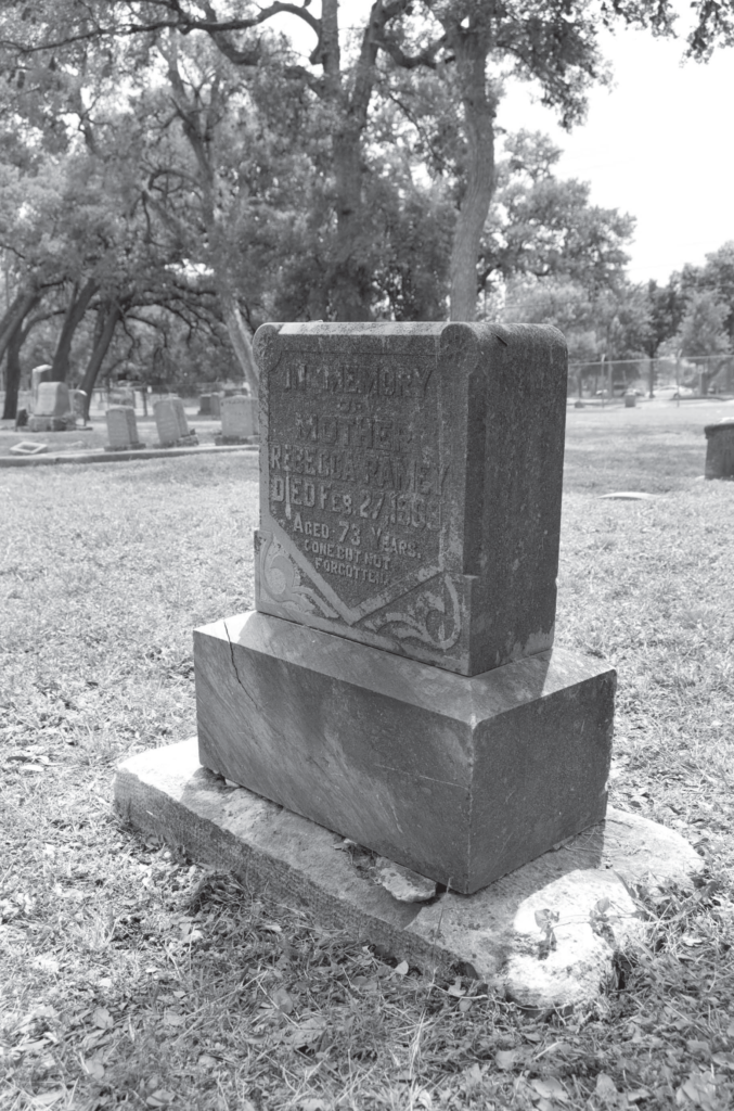Most of the tombstones in the “colored green” did not survive through time, but
the headstone of Rebecca, the mother of Mary Ramey, can still be found.