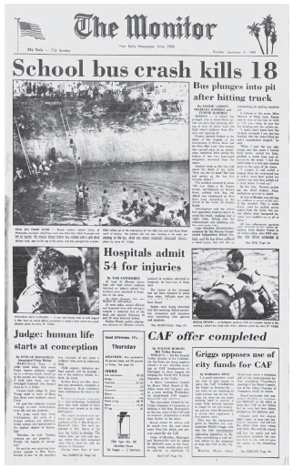 A photo of the front page the Monitor newspaper from the day of the Alton bus crash.