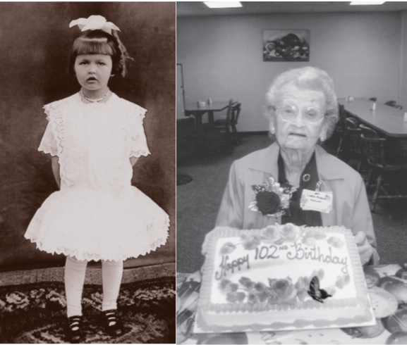 A side-by-side photo of a young and elderly Luella Roppers,