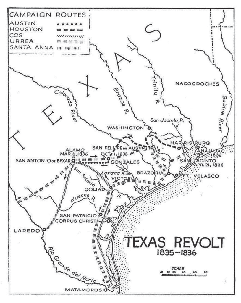 An map depicting movements during the Texas revolt.