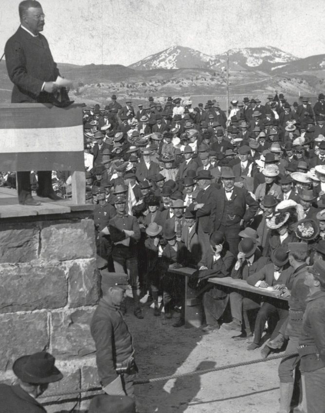 President Roosevelt addressing a crowd at Yellowstone National Park