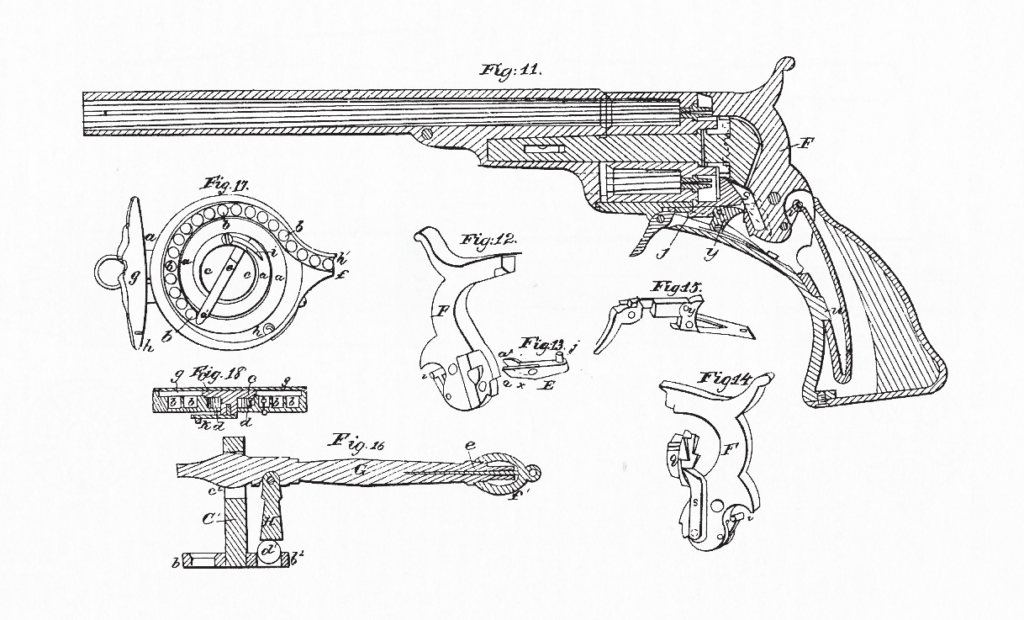 An image of the Colt Paterson patent illustration, one of the main weapons used by Texas Rangers in the Texas Republic.