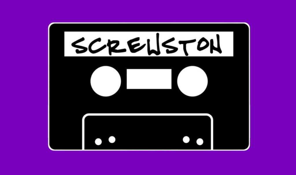 Screwston graphic of a cassette tape with "Screwston" written on it