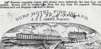 A 19th century advertisement for the Surf Hotel on Fire Island, featuring a sketch of the resort on the beachfront