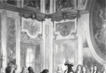 A sketch of King Louis XIV and his court giving the ordinance and grant to Chevalier de Cadillac in his palace.