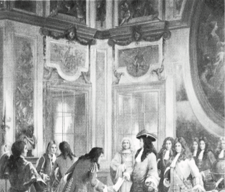 A sketch of King Louis XIV and his court giving the ordinance and grant to Chevalier de Cadillac in his palace.