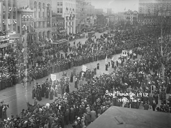 A street view of a suffrage parade in Washington, D.C.