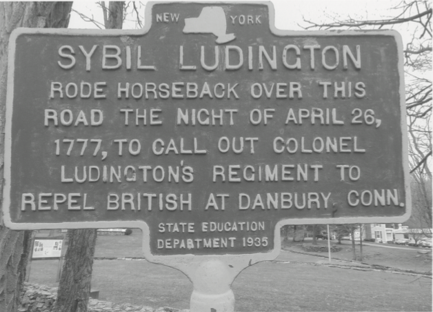 Road marker describing Sybil Ludington and her ride