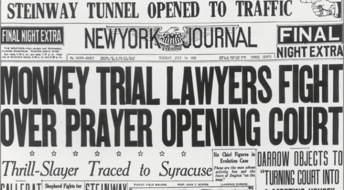 A New York Journal headline reading "Monkey Trial Lawyers Fight Over Prayer Opening Court."