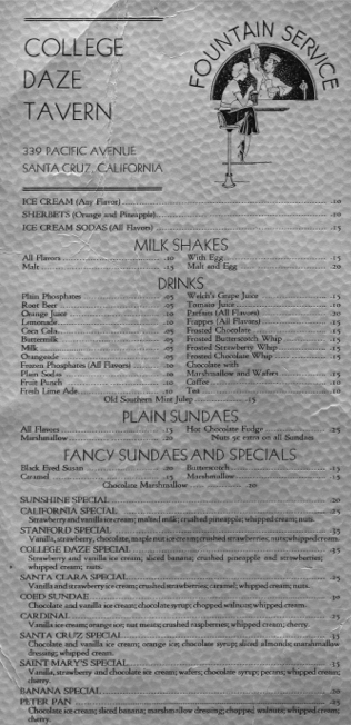 An image of the College Daze Tavern menu