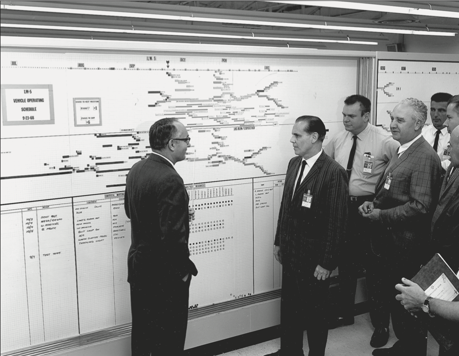 A group of managers standing together going over the LM-5 vehicle operating schedule