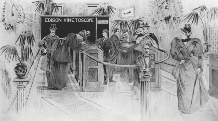 A sketch of people from the 1890s viewing films in kinetoscopes.