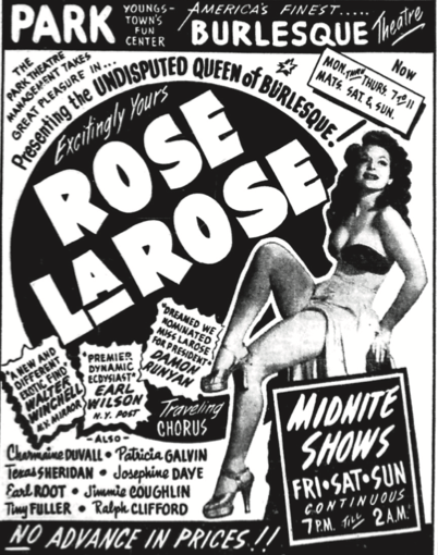 An ad for a burlesque show featuring Rose La Rose