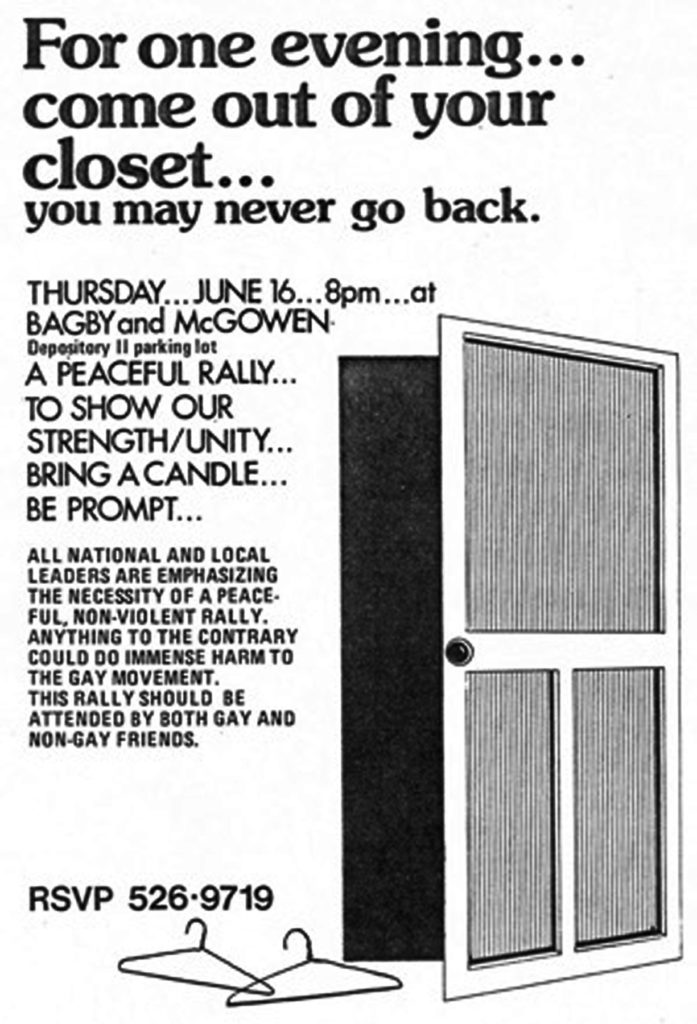 An ad for the gay pride rallying Houston reading, "For one evening...come out of your closet...you may never go back."