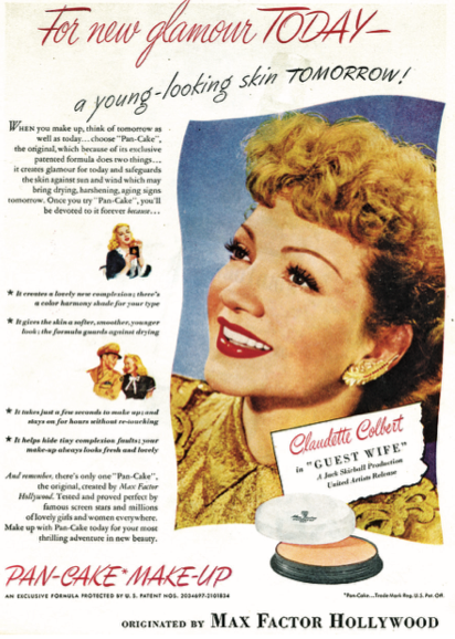 A makeup advertisement featuring actress Claudette Colbert.