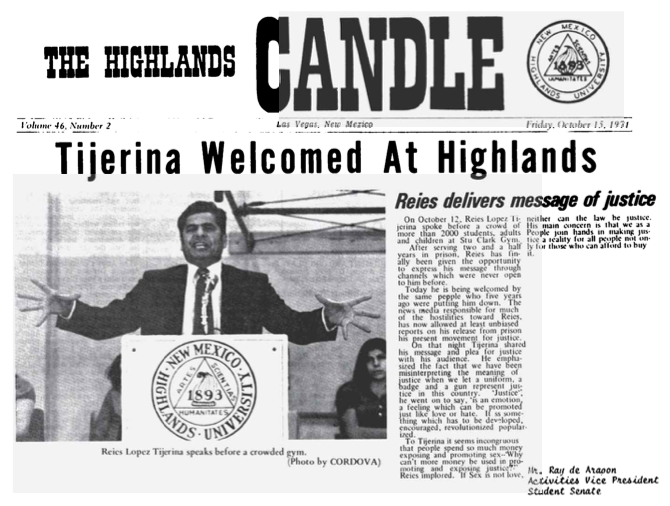 A newspaper cover with Reies López Tijerina pictured with the headline, "Tijerina Welcomed At Highlands: Reies delivers message of justice"