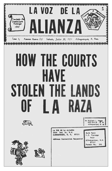A page from La Voz de la Alianza that reads, "How The Courts Have Stolen The Lands Of La Raza"
