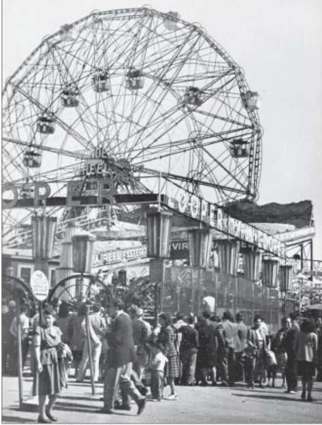 An image showing patrons outside of a ride called the Looper. The Wonder Wheel is seen rising behind it. 