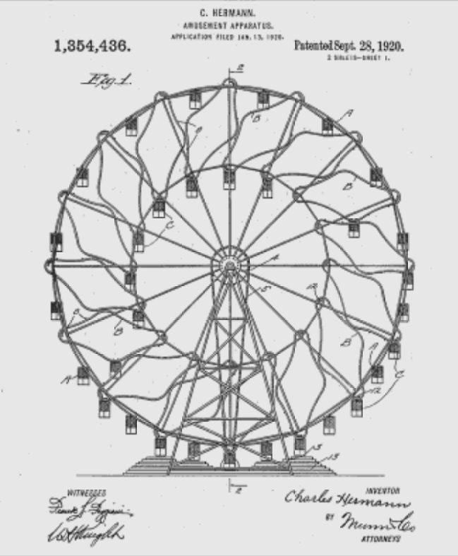 A photo of the wonder wheel patent with a sketch of how the amusement ride would look, patented September 28, 1920.