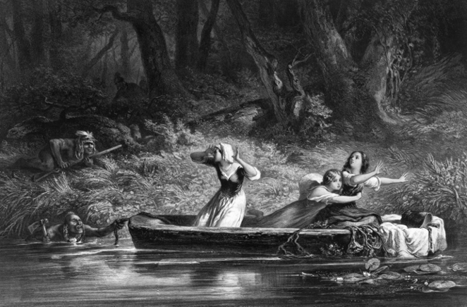 A painting depicting Boone's daughters in a canoe being captured by the Native Americans