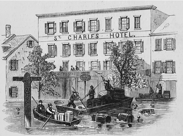 A drawing of St. Charles Hotel in the aftermath of the Great Virginia Flood.