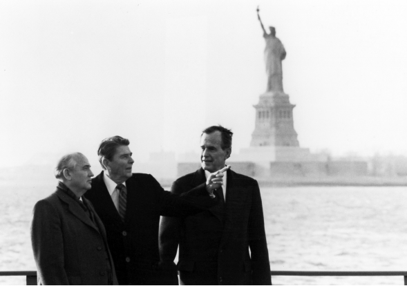 Gorbachev, Reagan, and Bush - 3 prominent figures of the Cold War - in New York City.