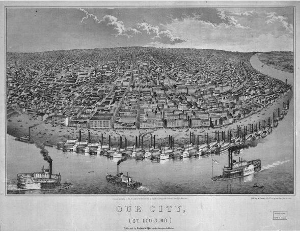 A 19th-century lithograph of St. Louis, Missouri, around the time of the cholera outbreak.
